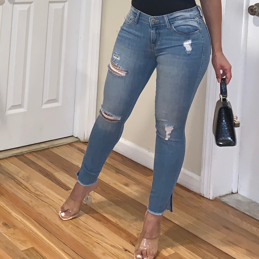 Distressed ankle fit denim